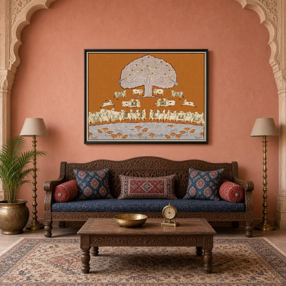 This exquisite Pichwai art piece presents a tranquil scene with a magnificent Tree of Life, for Living Room