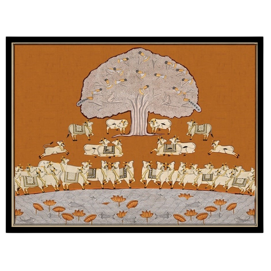 This exquisite Pichwai art piece presents a tranquil scene with a magnificent Tree of Life, for nook