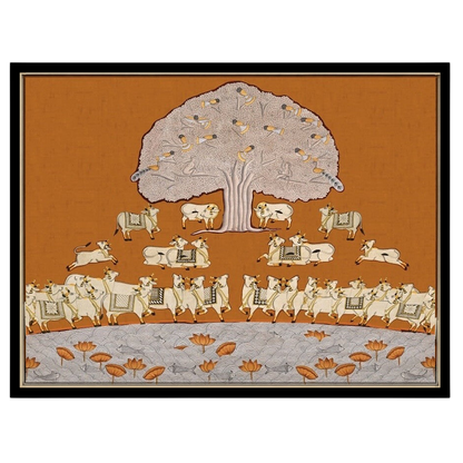 This exquisite Pichwai art piece presents a tranquil scene with a magnificent Tree of Life, for nook