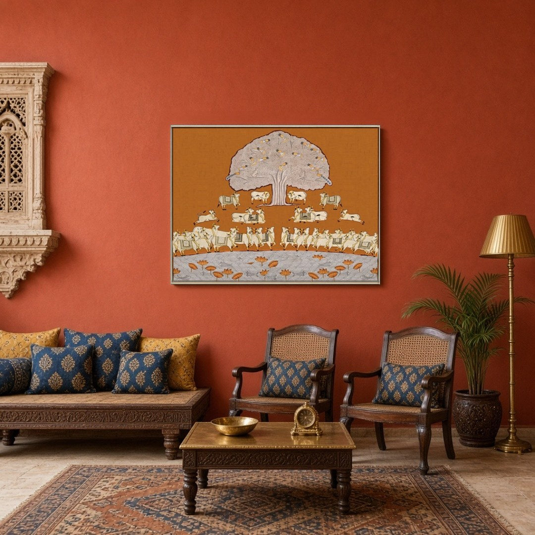 This exquisite Pichwai art piece presents a tranquil scene with a magnificent Tree of Life, for Sitting Area