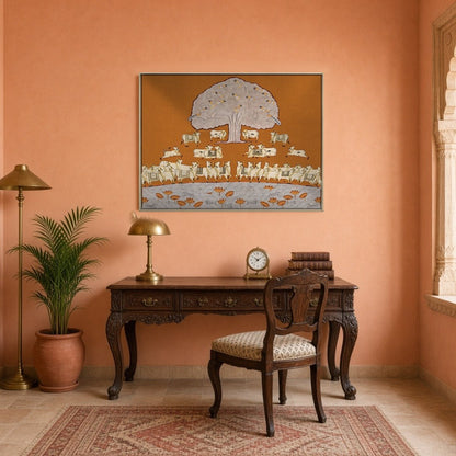 This exquisite Pichwai art piece presents a tranquil scene with a magnificent Tree of Life, for Study