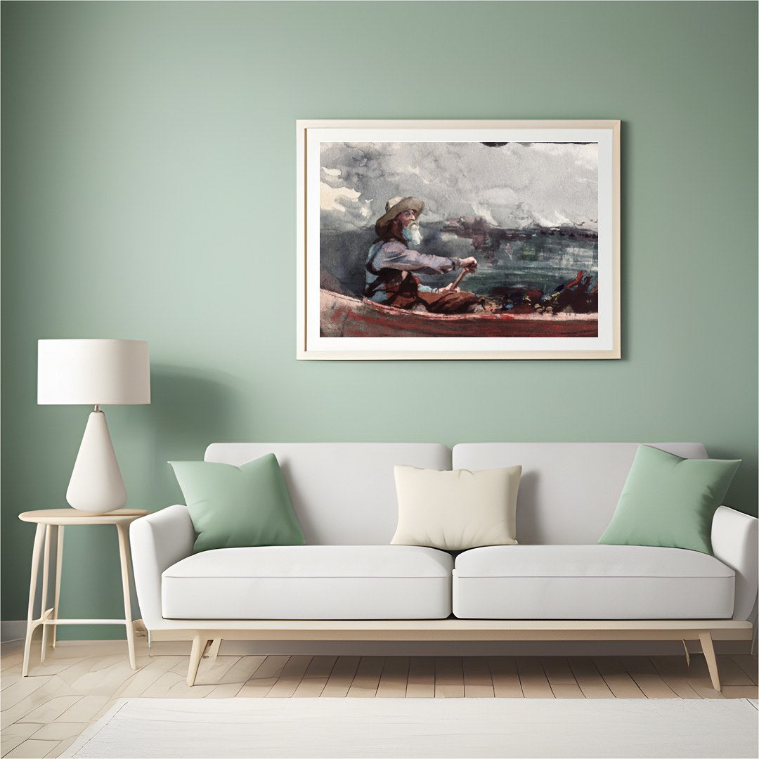 Capture the calmness of the sea with this exquisite watercolor painting, featuring an elderly for Hall