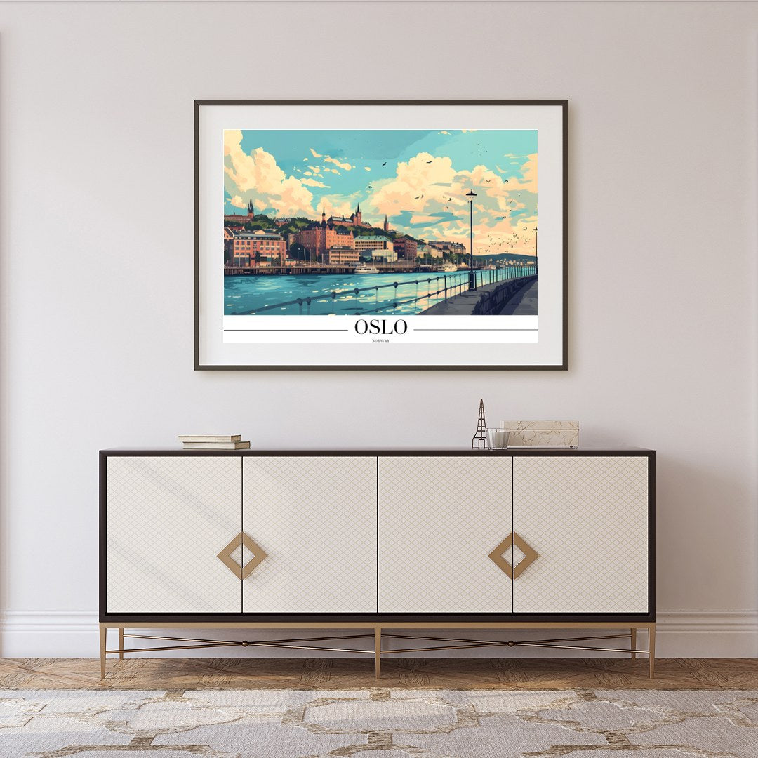 Immerse yourself in the tranquil charm of the Oslo waterfront, captured in this captivating for Foyer