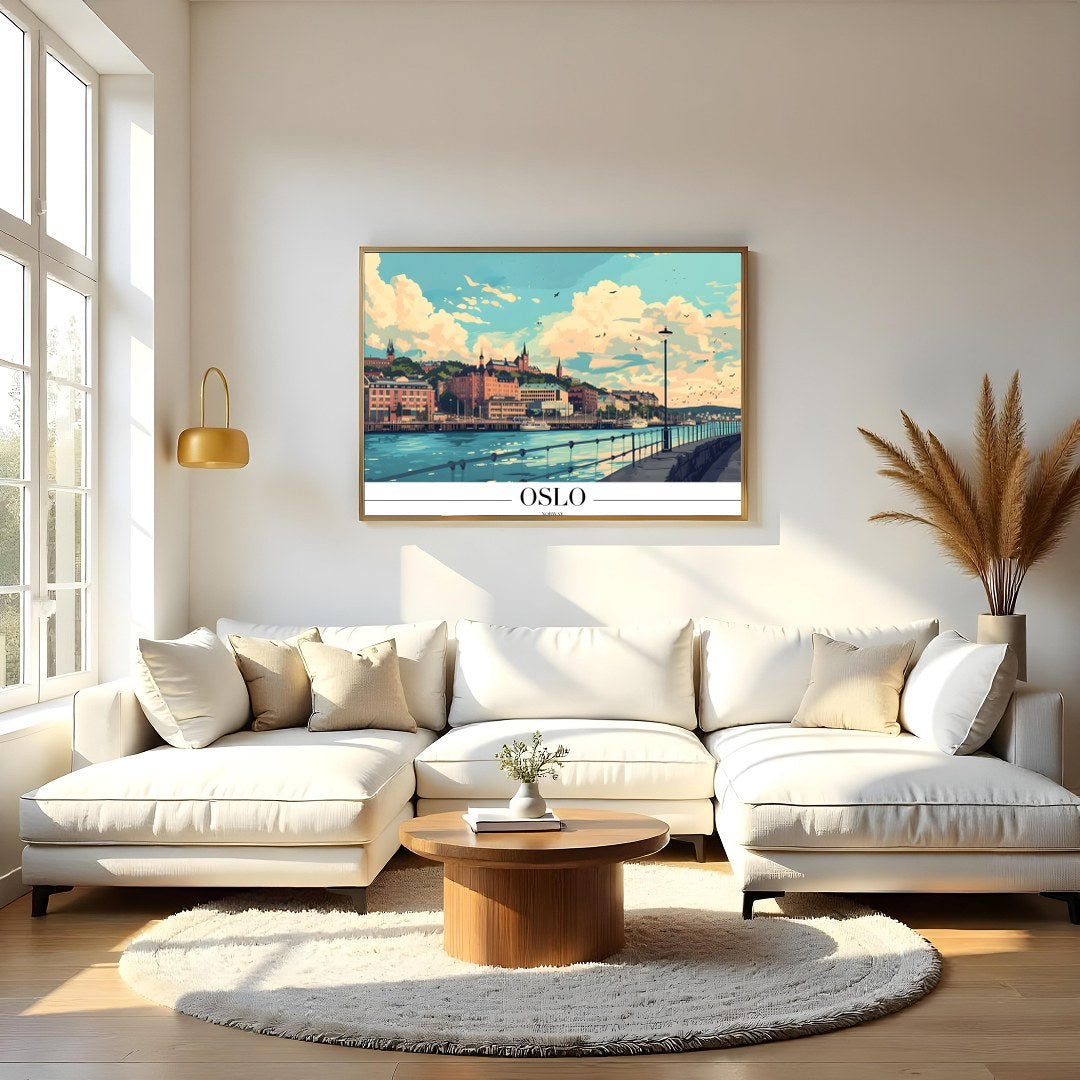 Immerse yourself in the tranquil charm of the Oslo waterfront, captured in this captivating for Living Room