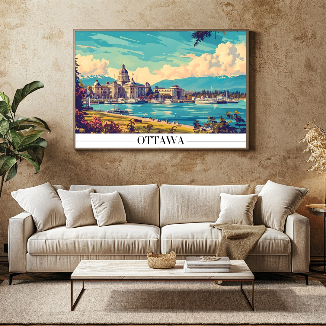 Capture the tranquil beauty of Ottawa with this vibrant wall art, showcasing a picturesque lakeside for Family Room