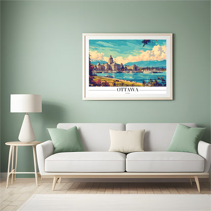 Capture the tranquil beauty of Ottawa with this vibrant wall art, showcasing a picturesque lakeside for Hall
