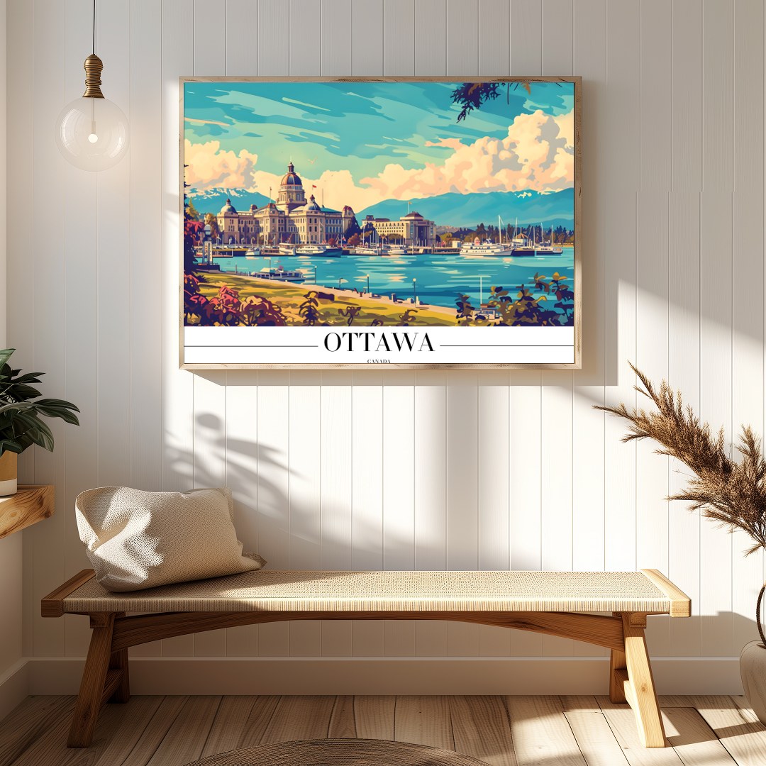 Capture the tranquil beauty of Ottawa with this vibrant wall art, showcasing a picturesque lakeside for Hallway