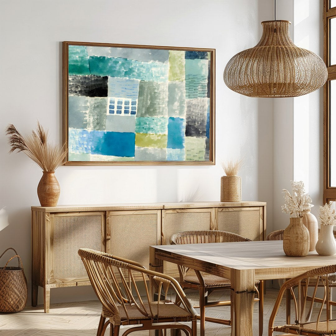 Immerse yourself in the calming ambience of this abstract piece, where soft blues and greens blend for Dining