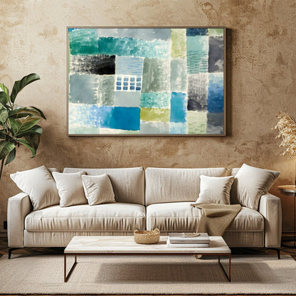 Immerse yourself in the calming ambience of this abstract piece, where soft blues and greens blend for Family Room