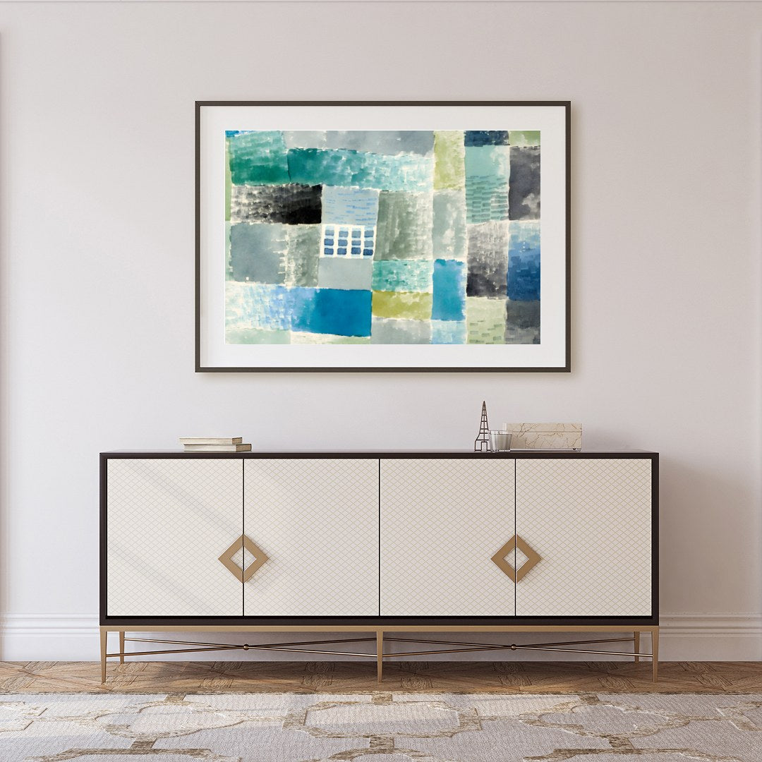 Immerse yourself in the calming ambience of this abstract piece, where soft blues and greens blend for Foyer