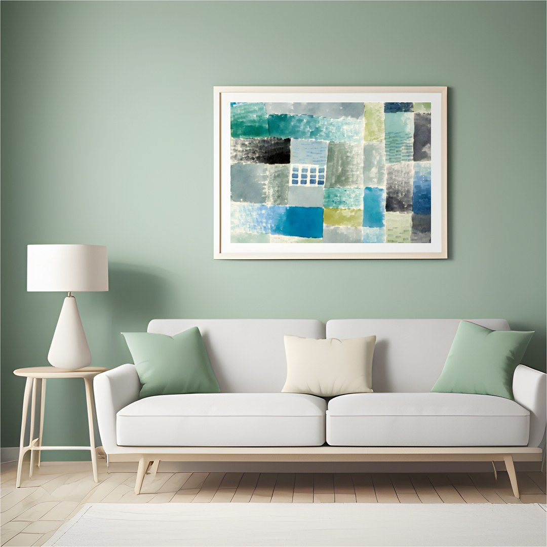 Immerse yourself in the calming ambience of this abstract piece, where soft blues and greens blend for Hall