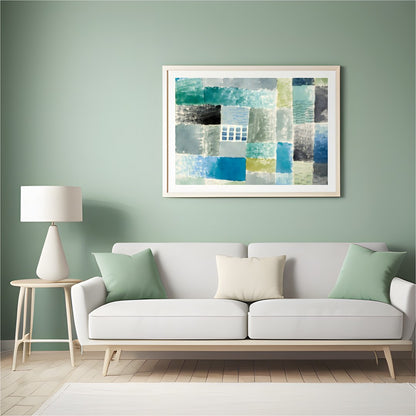 Immerse yourself in the calming ambience of this abstract piece, where soft blues and greens blend for Hall