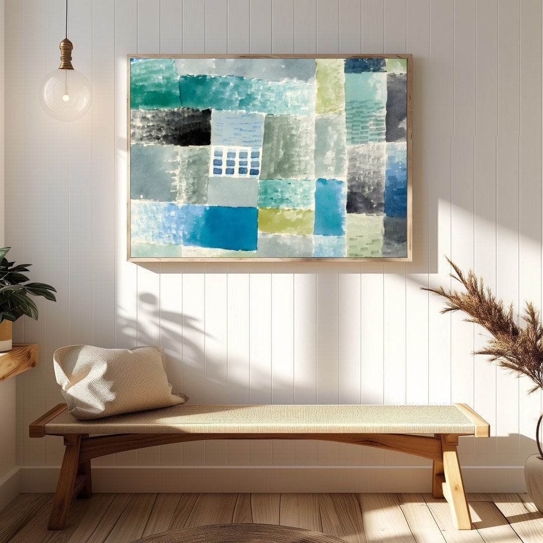 Immerse yourself in the calming ambience of this abstract piece, where soft blues and greens blend for Hallway