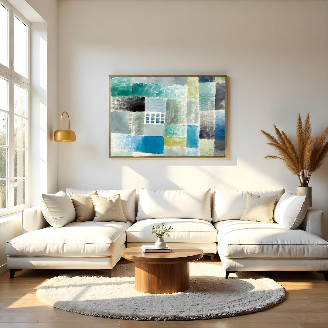 Immerse yourself in the calming ambience of this abstract piece, where soft blues and greens blend for Living Room