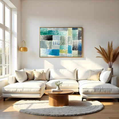 Immerse yourself in the calming ambience of this abstract piece, where soft blues and greens blend for Living Room