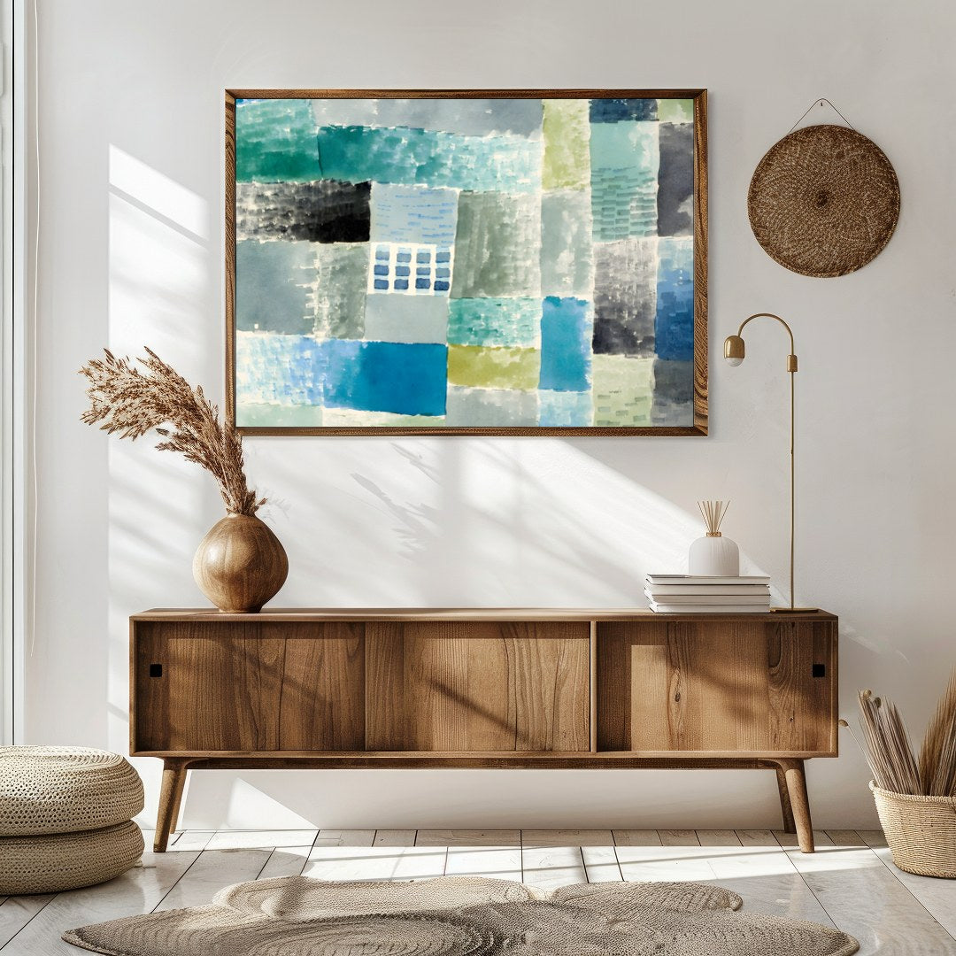 Immerse yourself in the calming ambience of this abstract piece, where soft blues and greens blend for Sitting Area