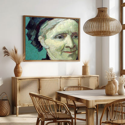 This captivating oil portrait showcases a serene expression that invites introspection. With its for Dining
