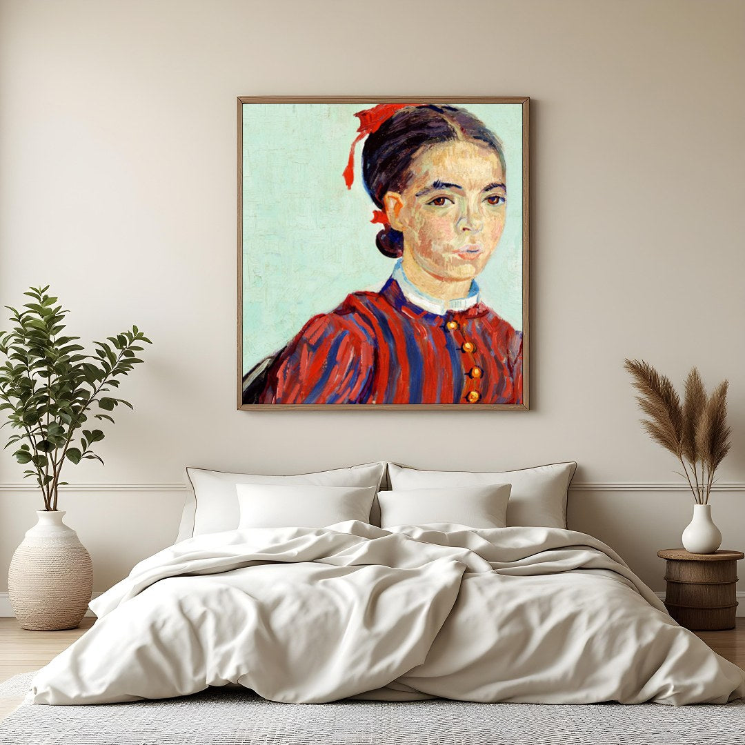 This captivating portrait features a striking use of red and blue hues, capturing a timeless for Bedroom