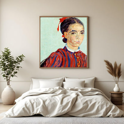 This captivating portrait features a striking use of red and blue hues, capturing a timeless for Bedroom