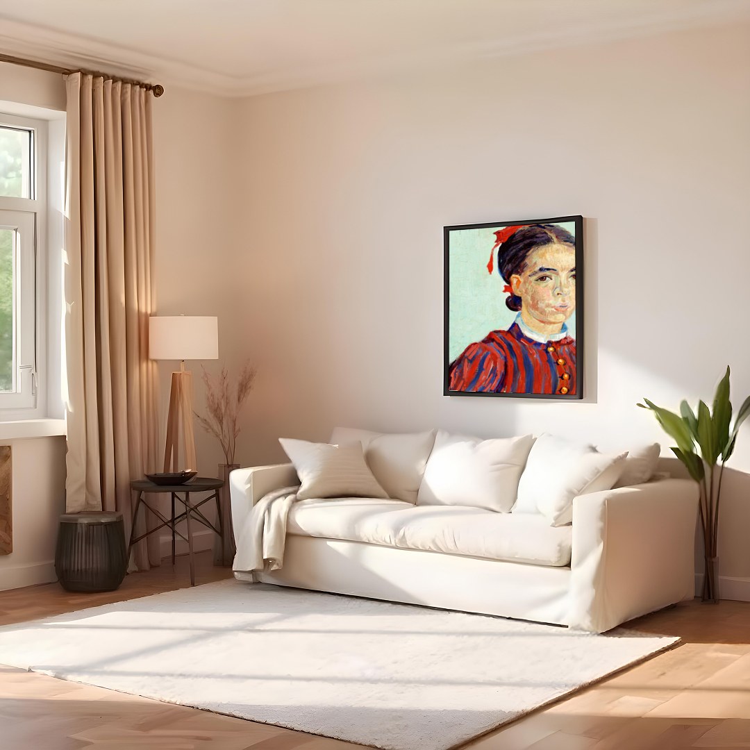 This captivating portrait features a striking use of red and blue hues, capturing a timeless for Family Room