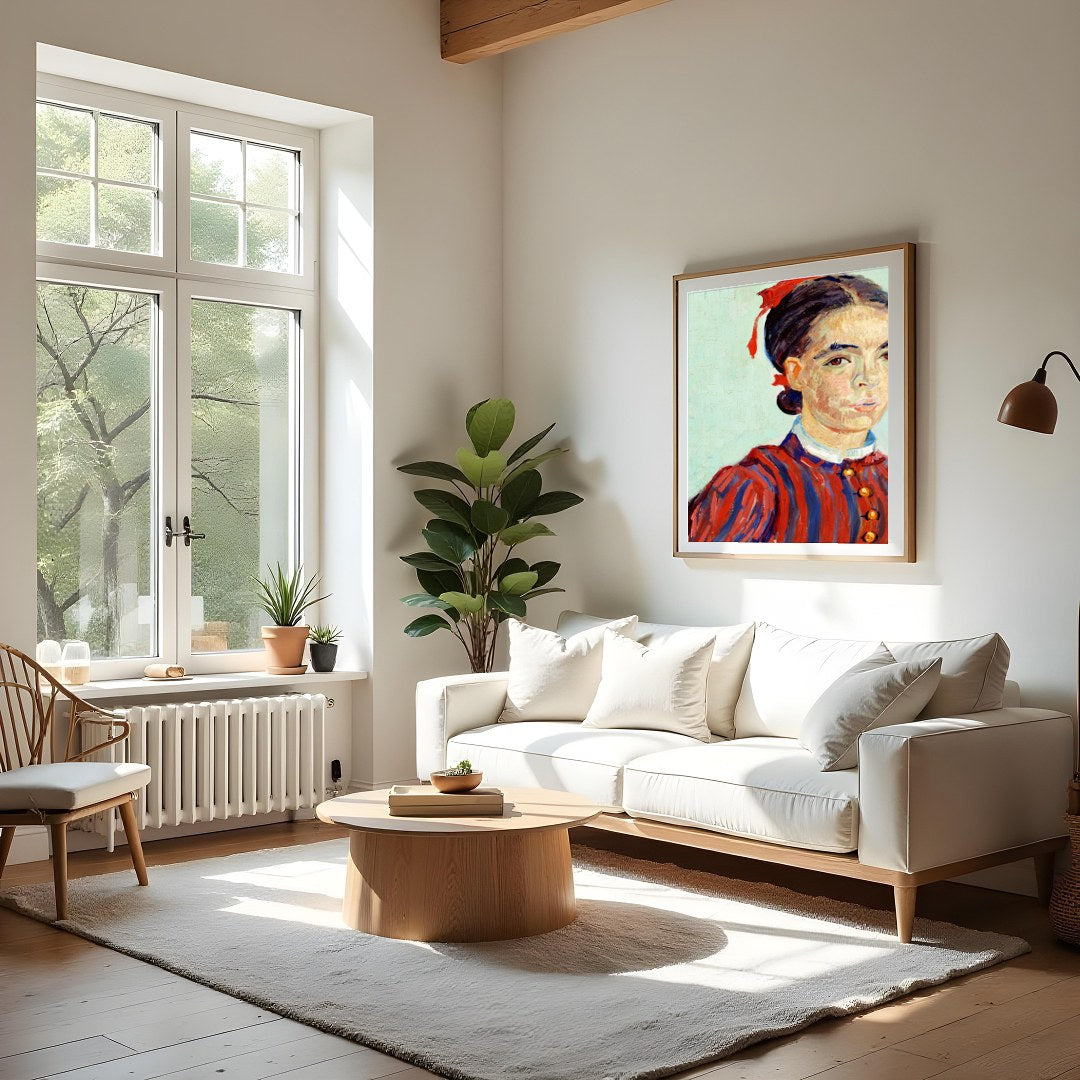 This captivating portrait features a striking use of red and blue hues, capturing a timeless for Living Room