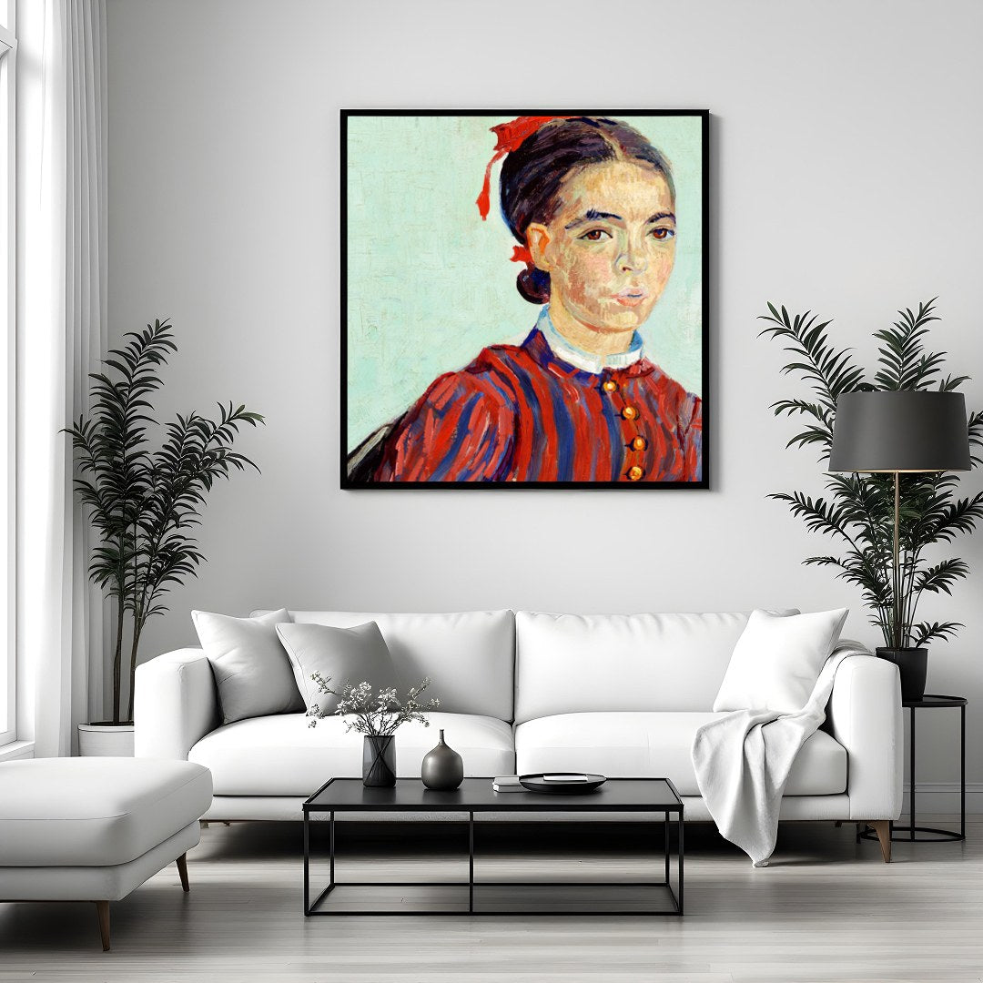 This captivating portrait features a striking use of red and blue hues, capturing a timeless for Sitting Area