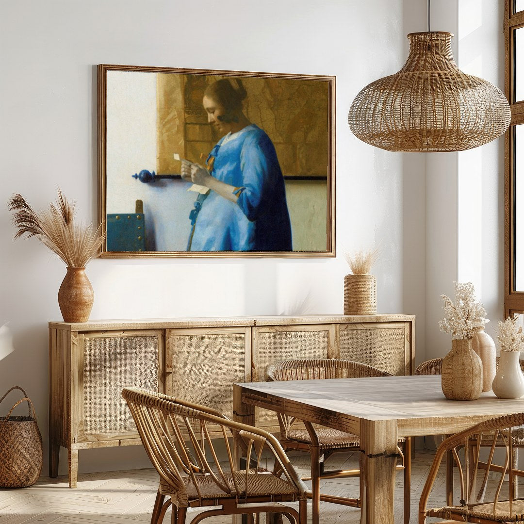 Immerse yourself in tranquility with this exquisite artwork depicting a woman in a moment of quiet for Dining