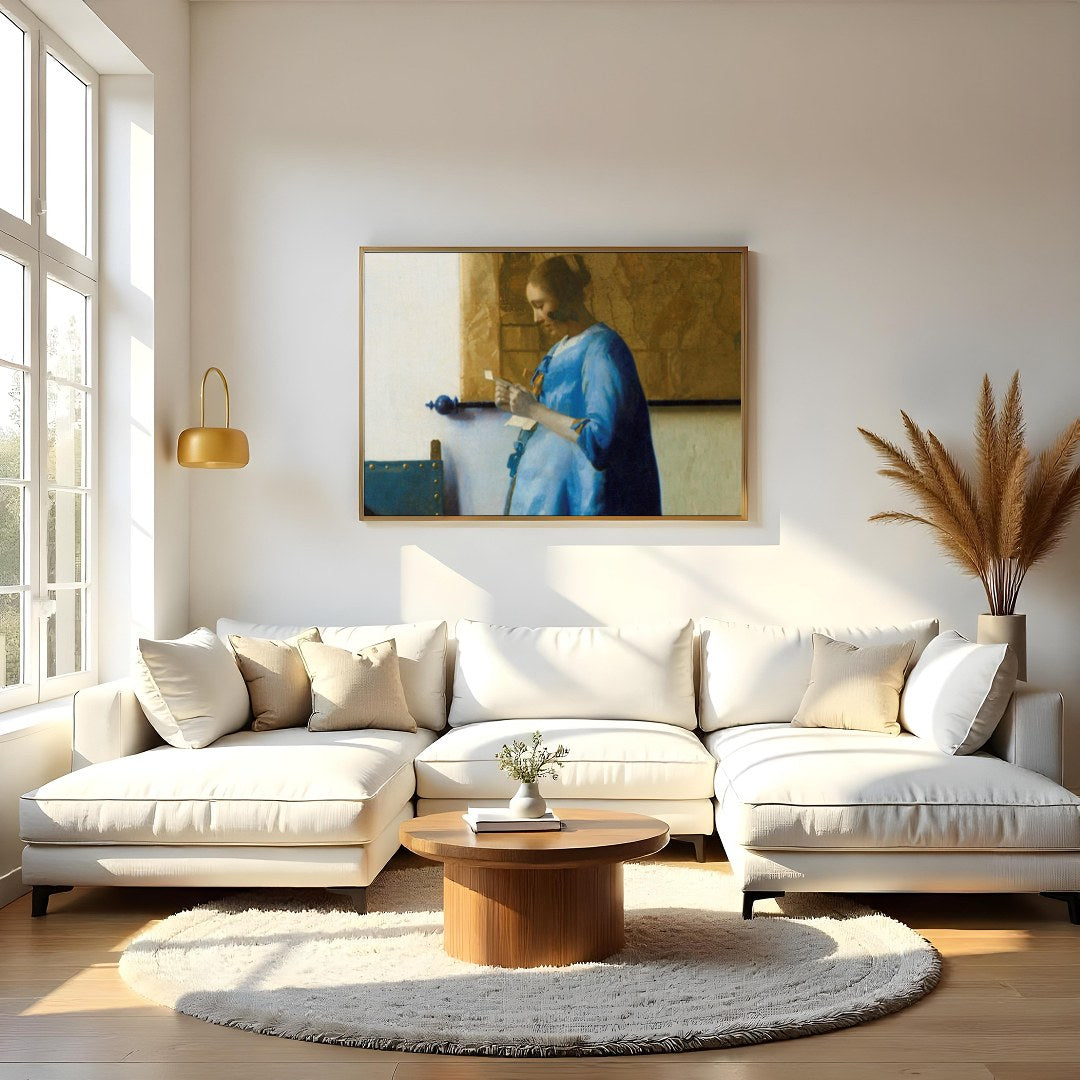 Immerse yourself in tranquility with this exquisite artwork depicting a woman in a moment of quiet for Living Room