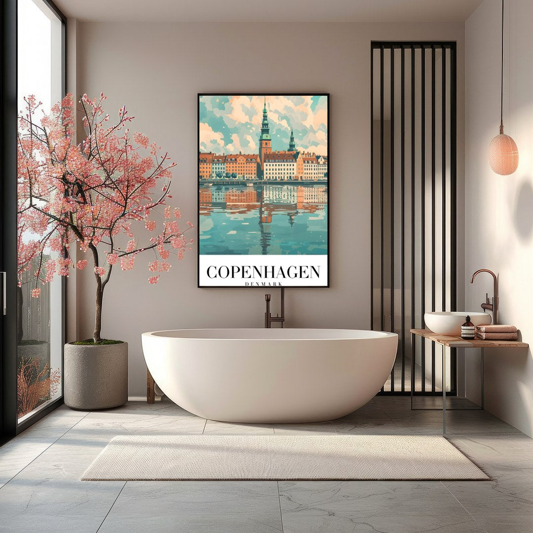 Experience the tranquil beauty of Copenhagen with this exquisite artwork capturing the city's for Bathroom