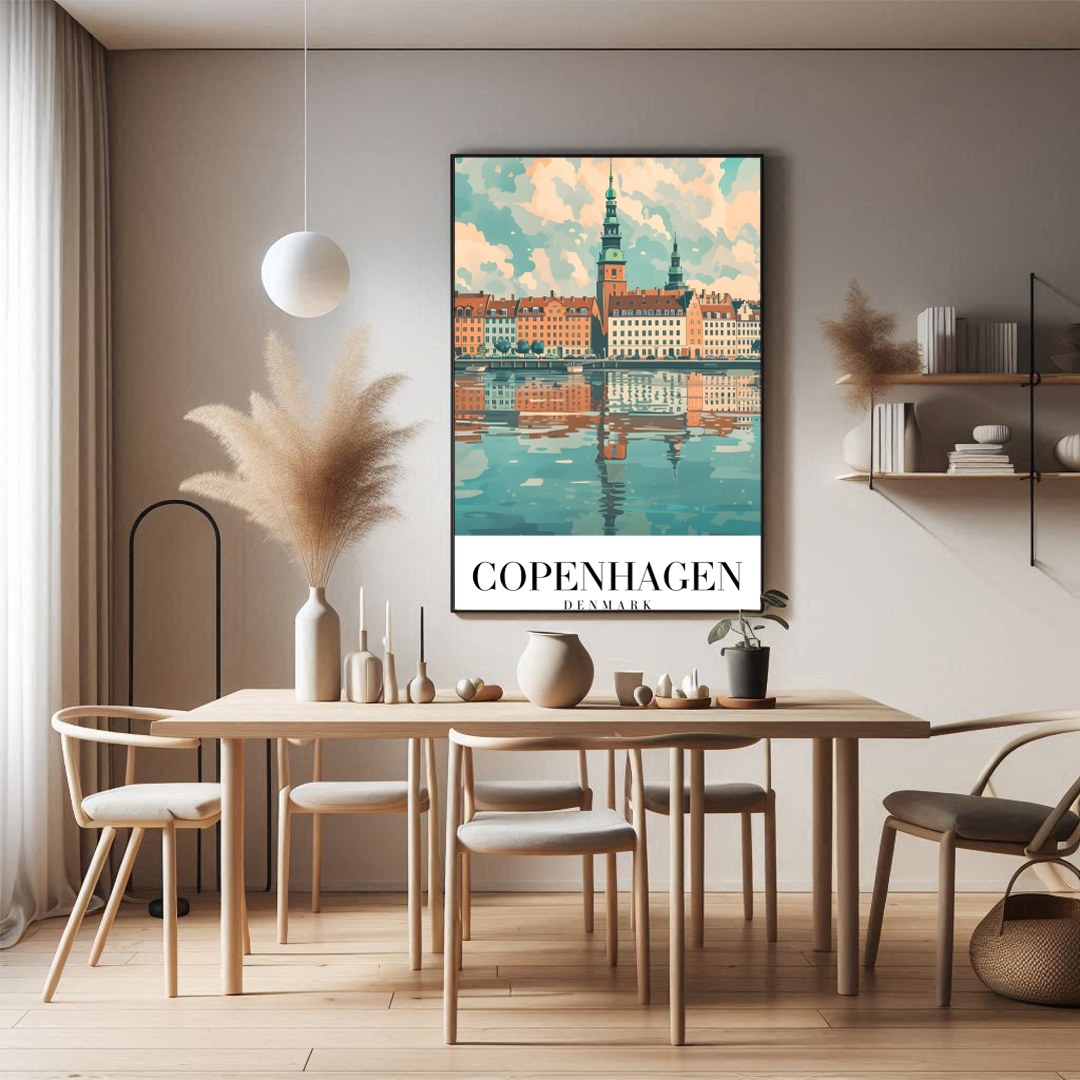 Experience the tranquil beauty of Copenhagen with this exquisite artwork capturing the city's for Dining