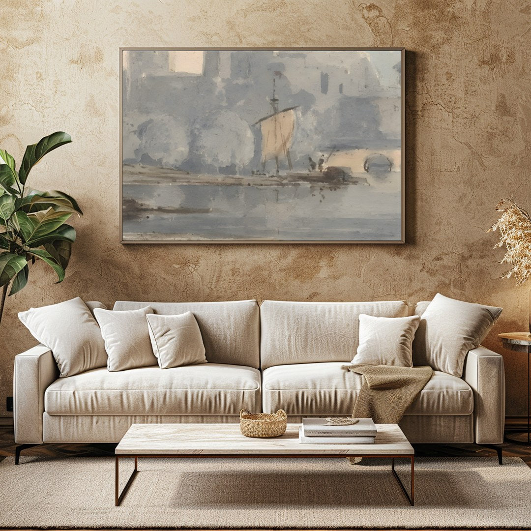 Experience the timeless tranquility of a riverside castle enveloped in gentle hues of blue and for Family Room