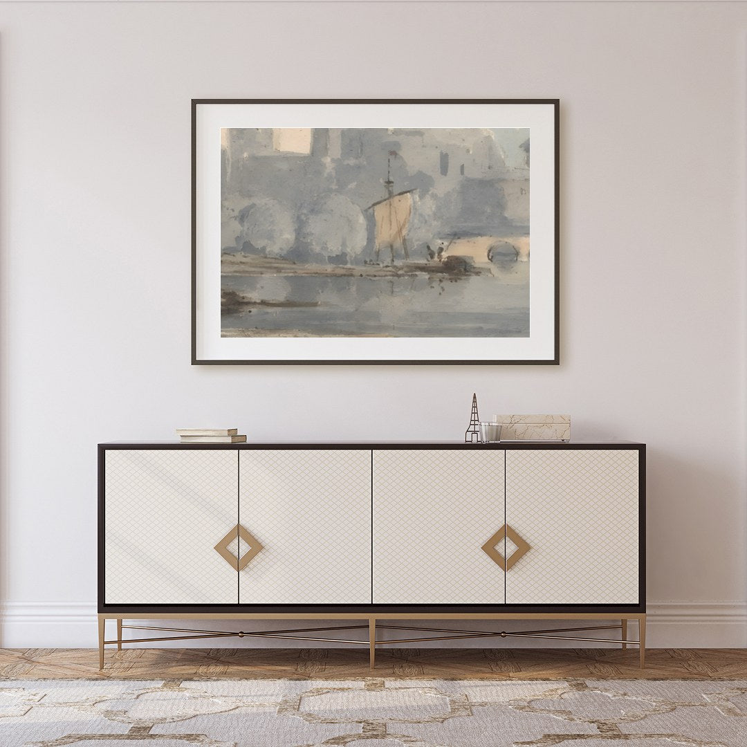 Experience the timeless tranquility of a riverside castle enveloped in gentle hues of blue and for Foyer