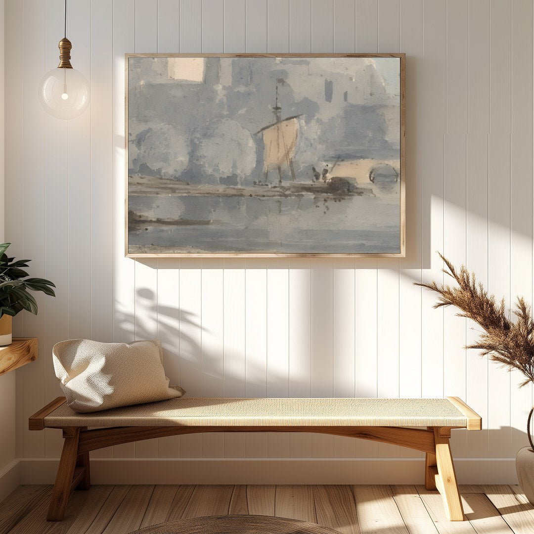 Experience the timeless tranquility of a riverside castle enveloped in gentle hues of blue and for Hallway