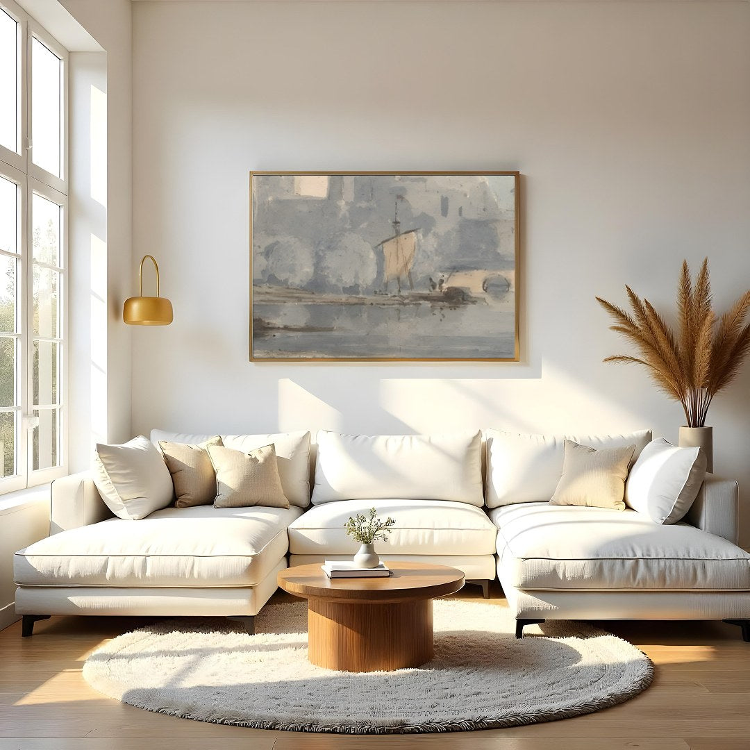 Experience the timeless tranquility of a riverside castle enveloped in gentle hues of blue and for Living Room