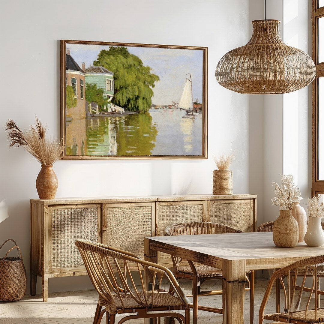 Immerse yourself in tranquility with this exquisite riverside scene, capturing a gentle waterway for Dining