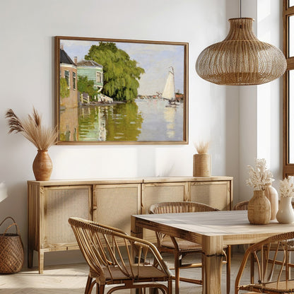 Immerse yourself in tranquility with this exquisite riverside scene, capturing a gentle waterway for Dining