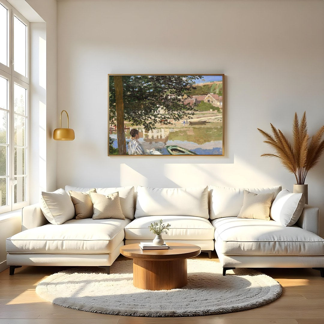 Immerse yourself in the tranquil beauty of this riverside scene, capturing the essence of a for Living Room