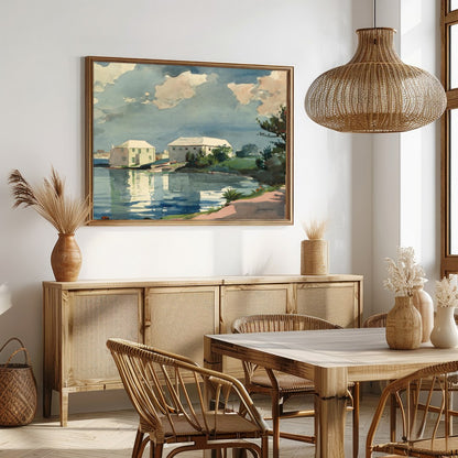 Capture the tranquility of a serene riverside setting with this exquisite watercolor artwork. for Dining