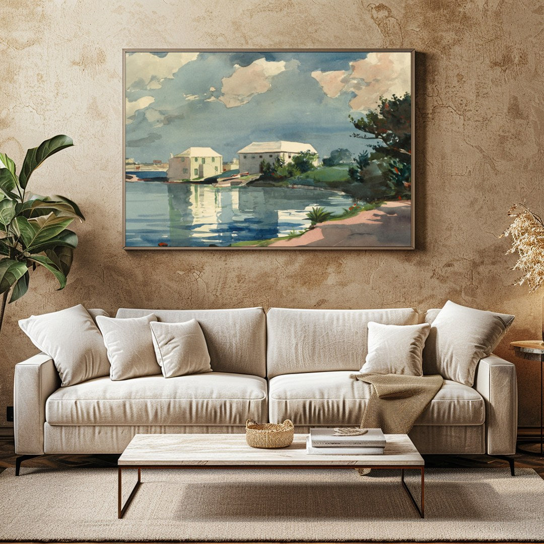 Capture the tranquility of a serene riverside setting with this exquisite watercolor artwork. for Family Room