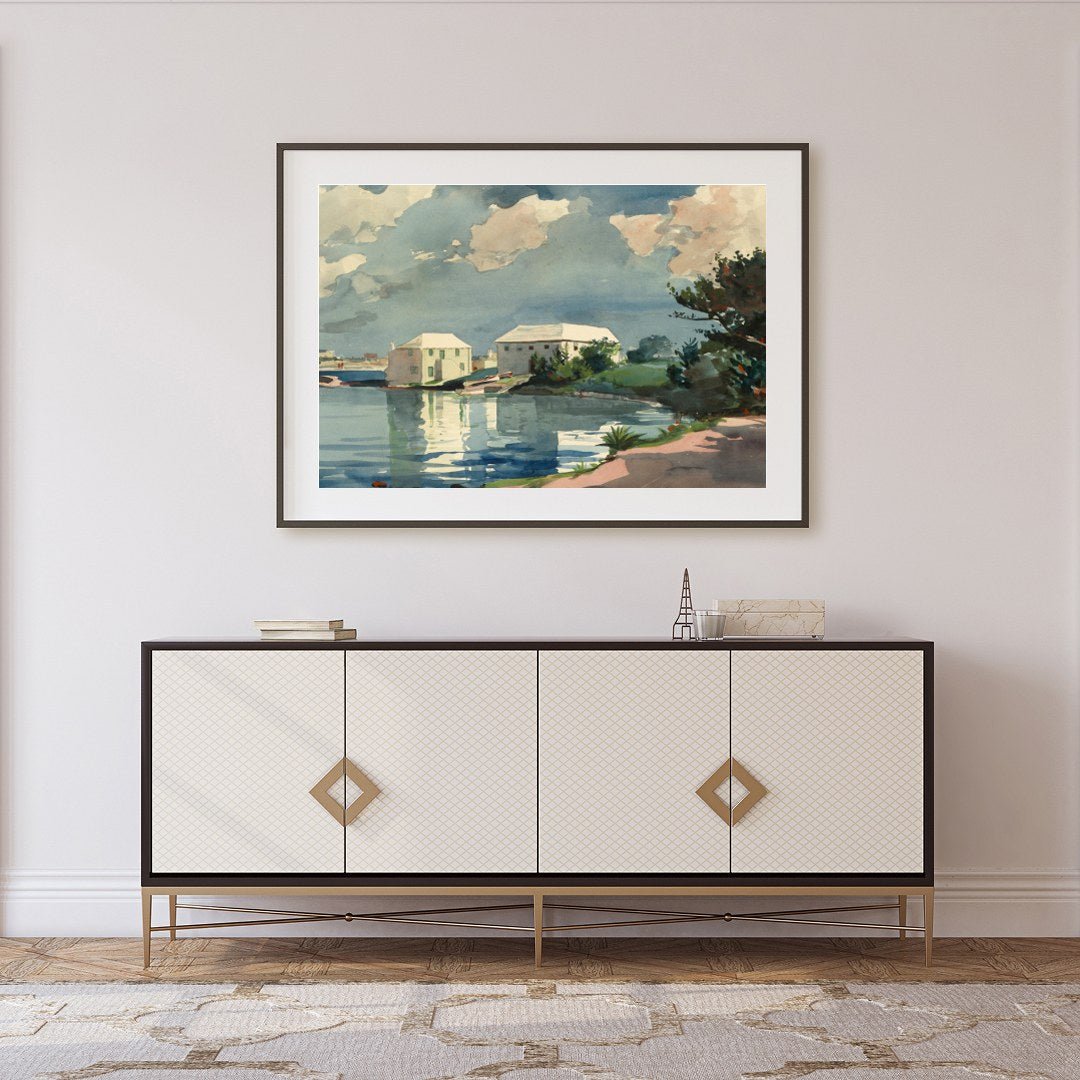 Capture the tranquility of a serene riverside setting with this exquisite watercolor artwork. for Foyer
