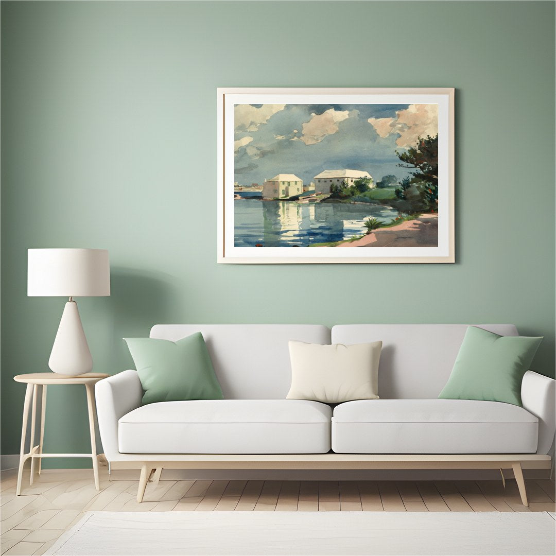 Capture the tranquility of a serene riverside setting with this exquisite watercolor artwork. for Hall