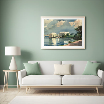 Capture the tranquility of a serene riverside setting with this exquisite watercolor artwork. for Hall