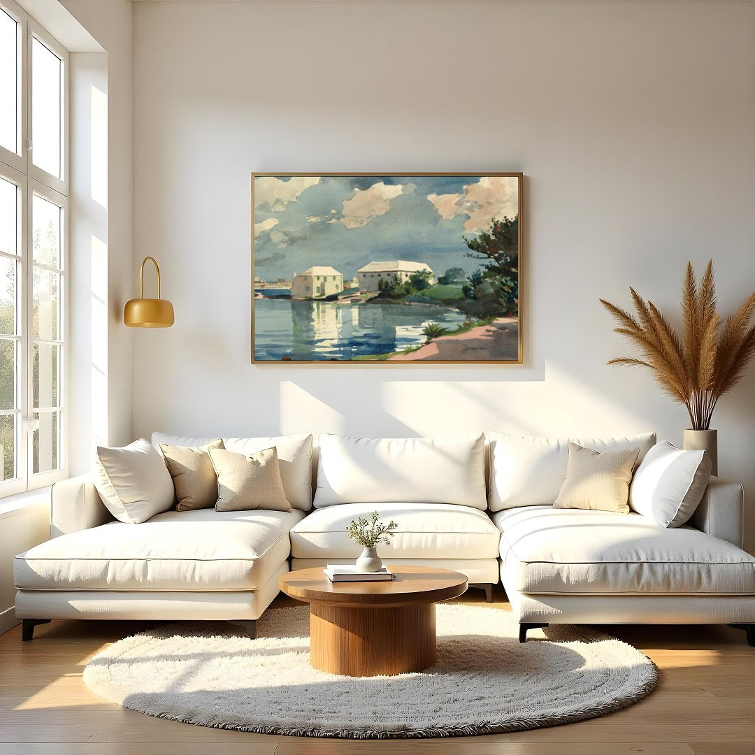 Capture the tranquility of a serene riverside setting with this exquisite watercolor artwork. for Living Room