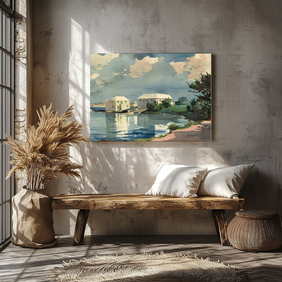 Capture the tranquility of a serene riverside setting with this exquisite watercolor artwork. for Veranda