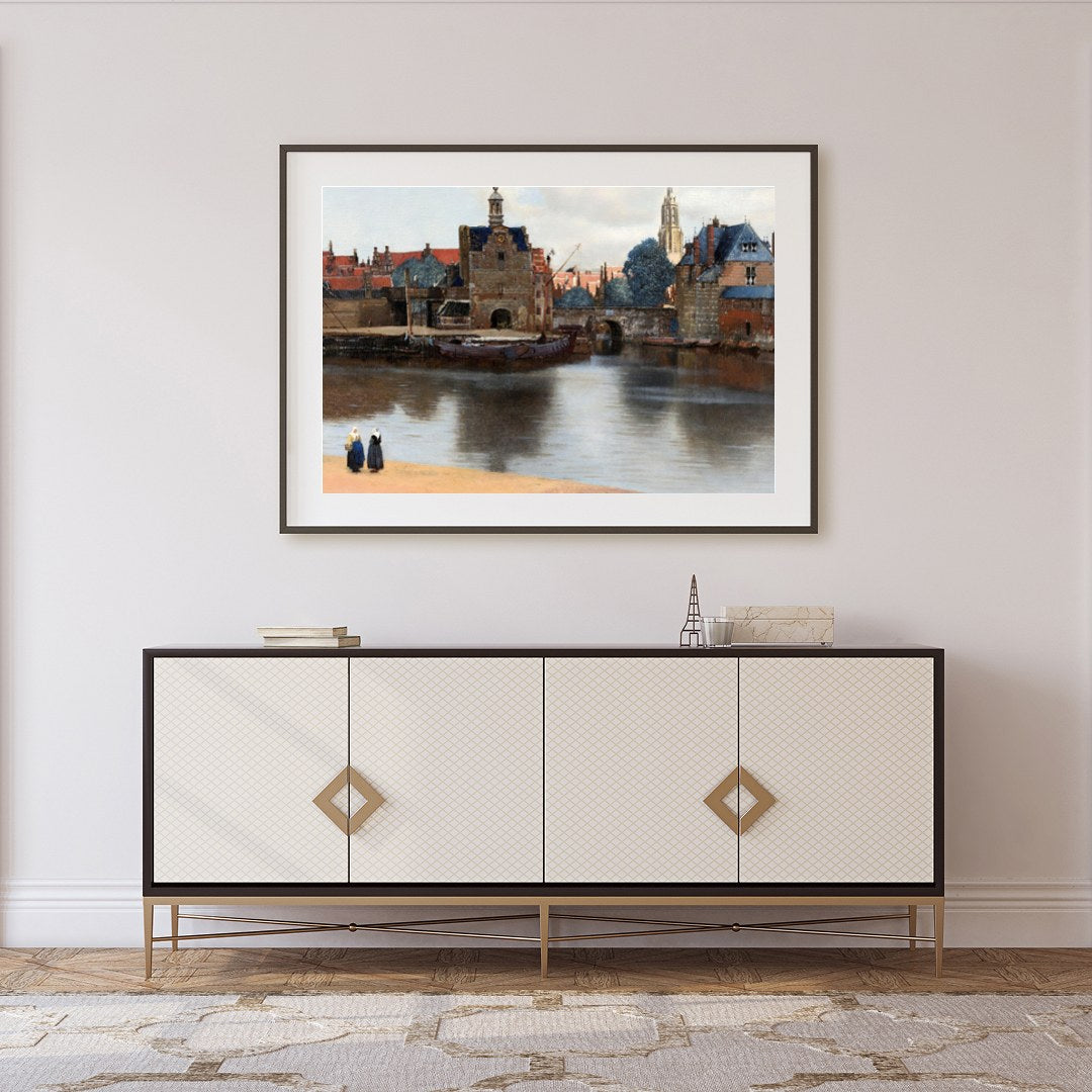 Capture the tranquility of a bygone era with this captivating riverside scene. The subtle interplay for Foyer