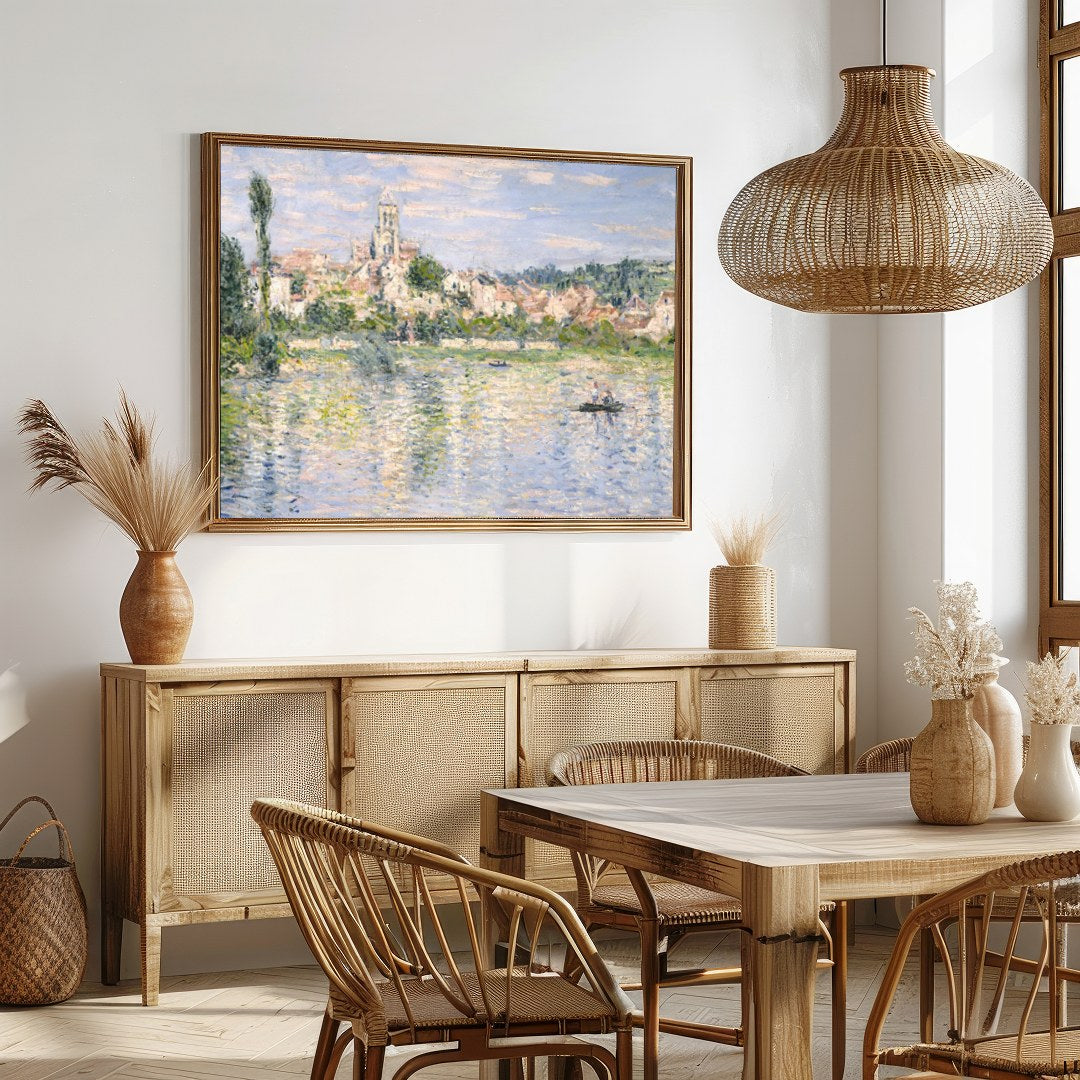 Capture the tranquil beauty of a riverside village with this impressionist masterpiece. Evoking a for Dining