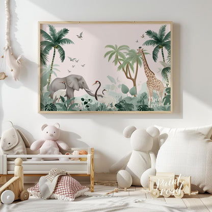 This expansive and serene poster transports the viewer to a tranquil safari landscape, rendered in … for nursery