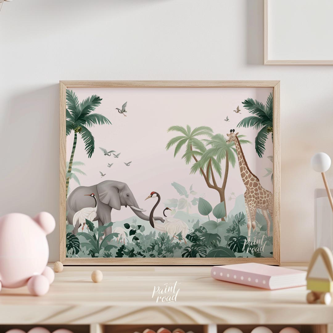 This expansive and serene poster transports the viewer to a tranquil safari landscape, rendered in … for nursery