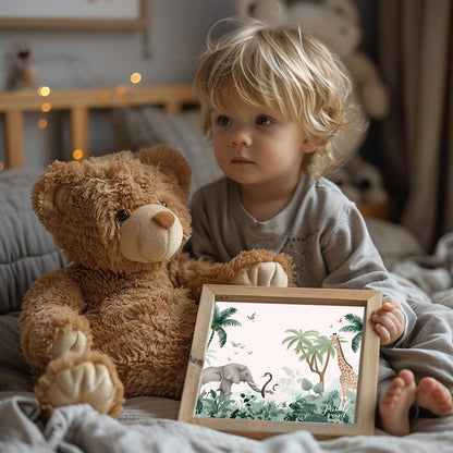 This expansive and serene poster transports the viewer to a tranquil safari landscape, rendered in … for nursery