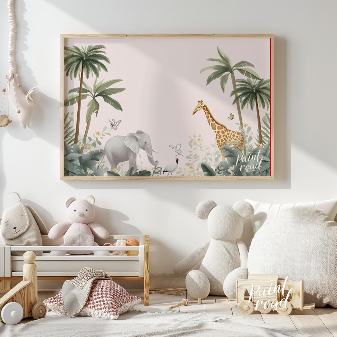 This tranquil and expansive watercolor illustration portrays a serene safari landscape, inviting a … for nursery